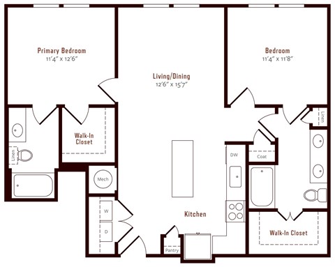 Floor plan for 2 beds, 2 baths, 1070 sqft